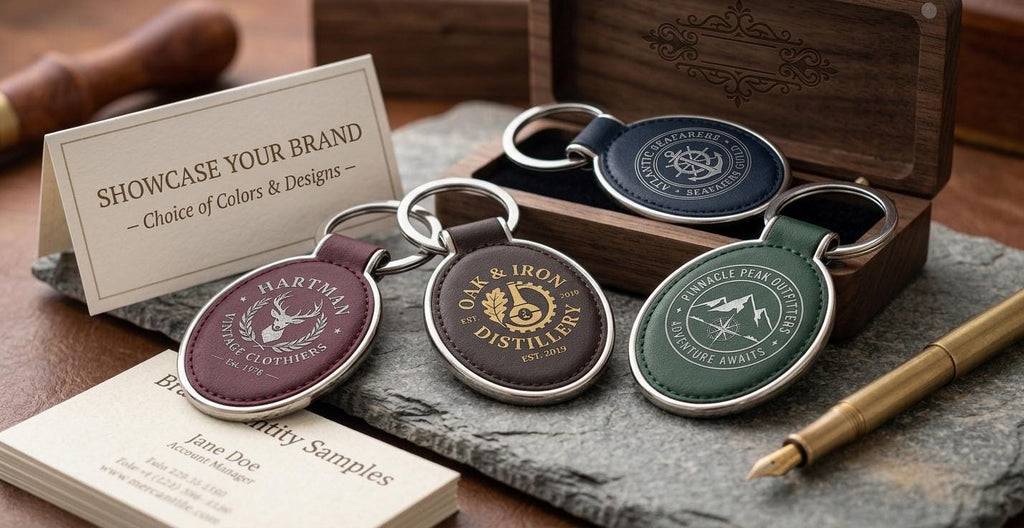 Oval leather logo keychains in burgundy, brown, navy and green with sample logos on slate, beside a walnut box and pen