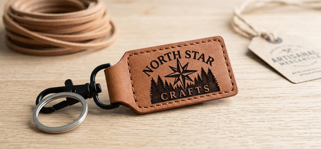 Tan leather keychain with black clasp and split ring, North Star Crafts logo with compass star and pine trees