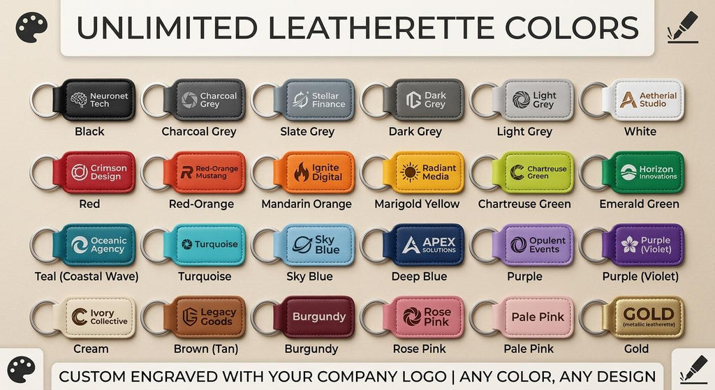 Color chart of 24 leatherette logo keychains in many shades, each engraved with a sample logo
