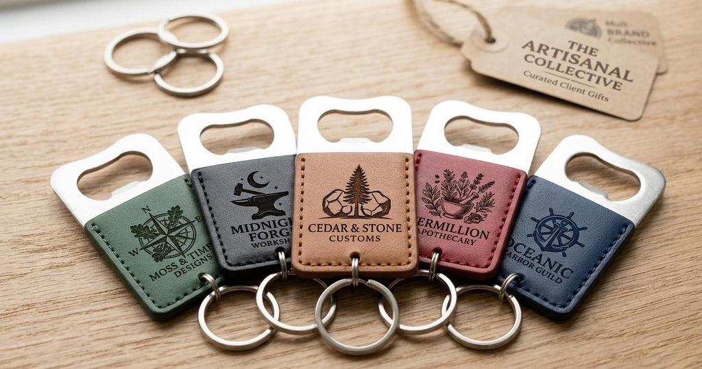 Five leather bottle opener keychains with engraved sample logos in green, gray, tan, red and blue on a wood surface