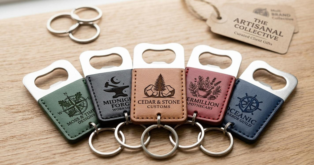 Five leather bottle opener keychains with engraved sample logos in green, gray, tan, red and blue on a wood surface