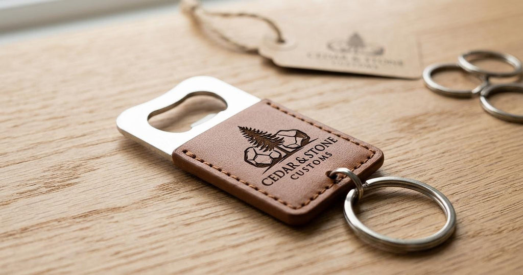 Brown leather bottle opener keychain with Cedar & Stone Customs logo, on a light wood surface with extra key rings