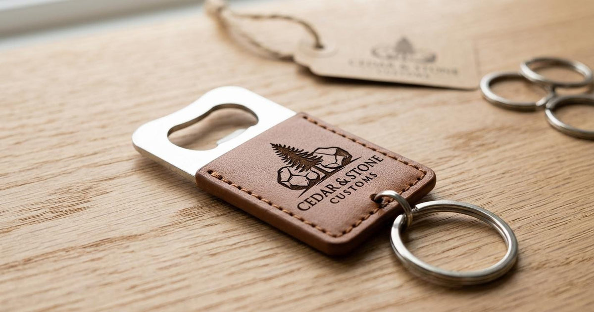 Brown leather bottle opener keychain with Cedar & Stone Customs logo, on a light wood surface with extra key rings