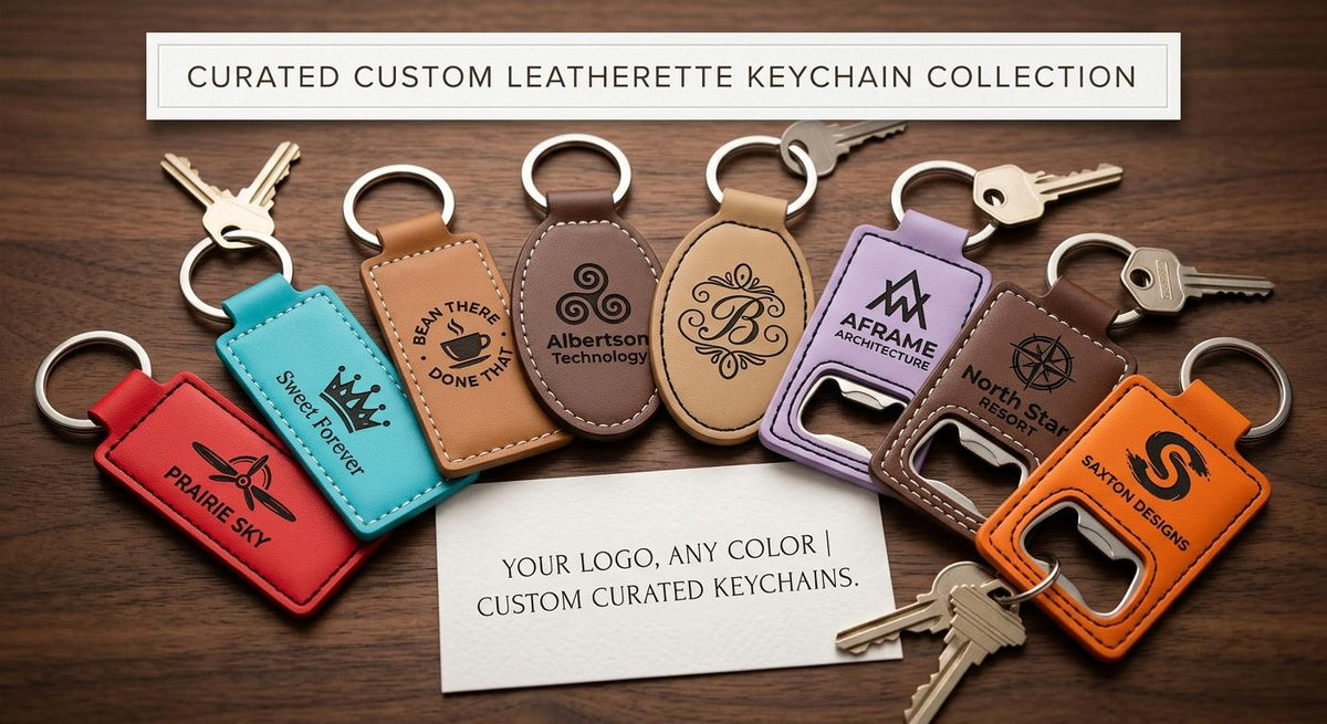 Custom leatherette keychains in assorted colors with sample logos, some bottle openers, on a wooden table