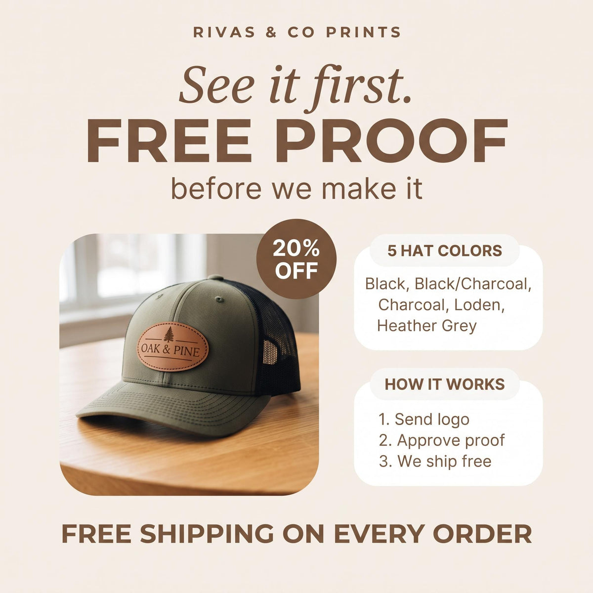 Custom leather patch trucker hat in loden with black mesh, Oak & Pine logo, free proof and 20% off promo