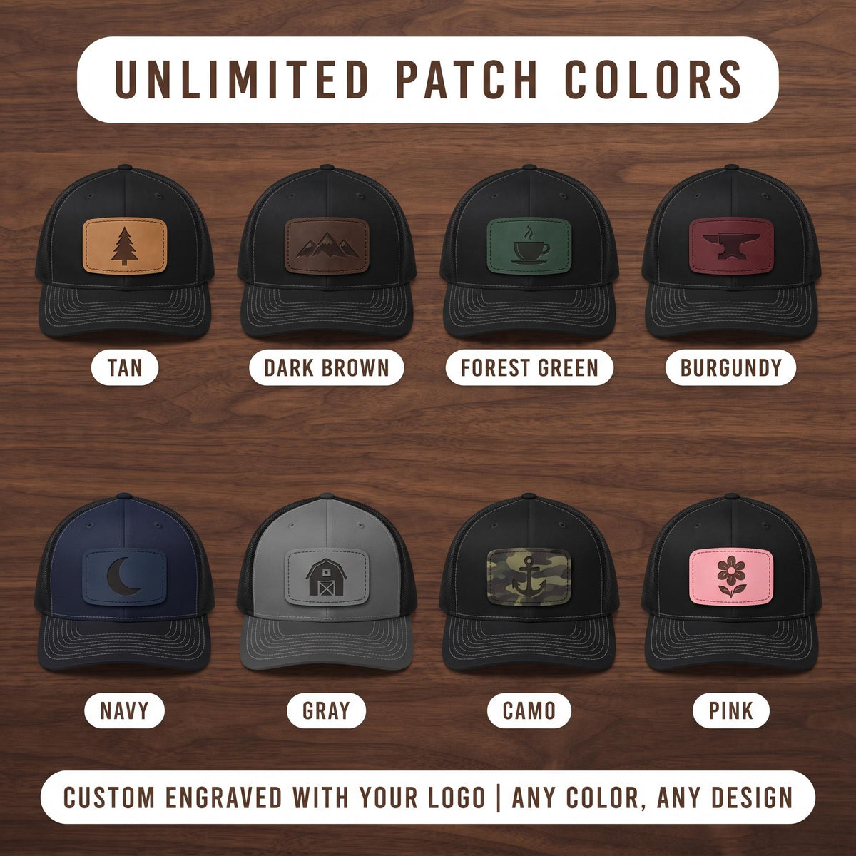 Color chart of custom leather patch trucker hats in 8 patch colors, each with a sample logo, on a wood background
