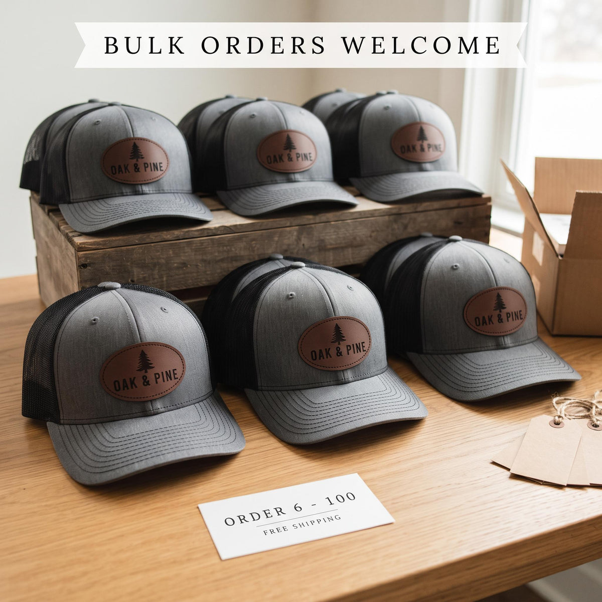 Bulk custom logo hats for business: matching engraved leatherette patch trucker hats, order 6 to 100