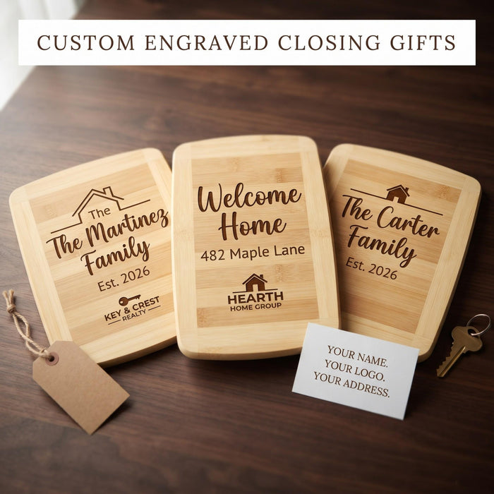 Three custom engraved realtor closing gift cutting boards with family names, Welcome Home address and sample logos