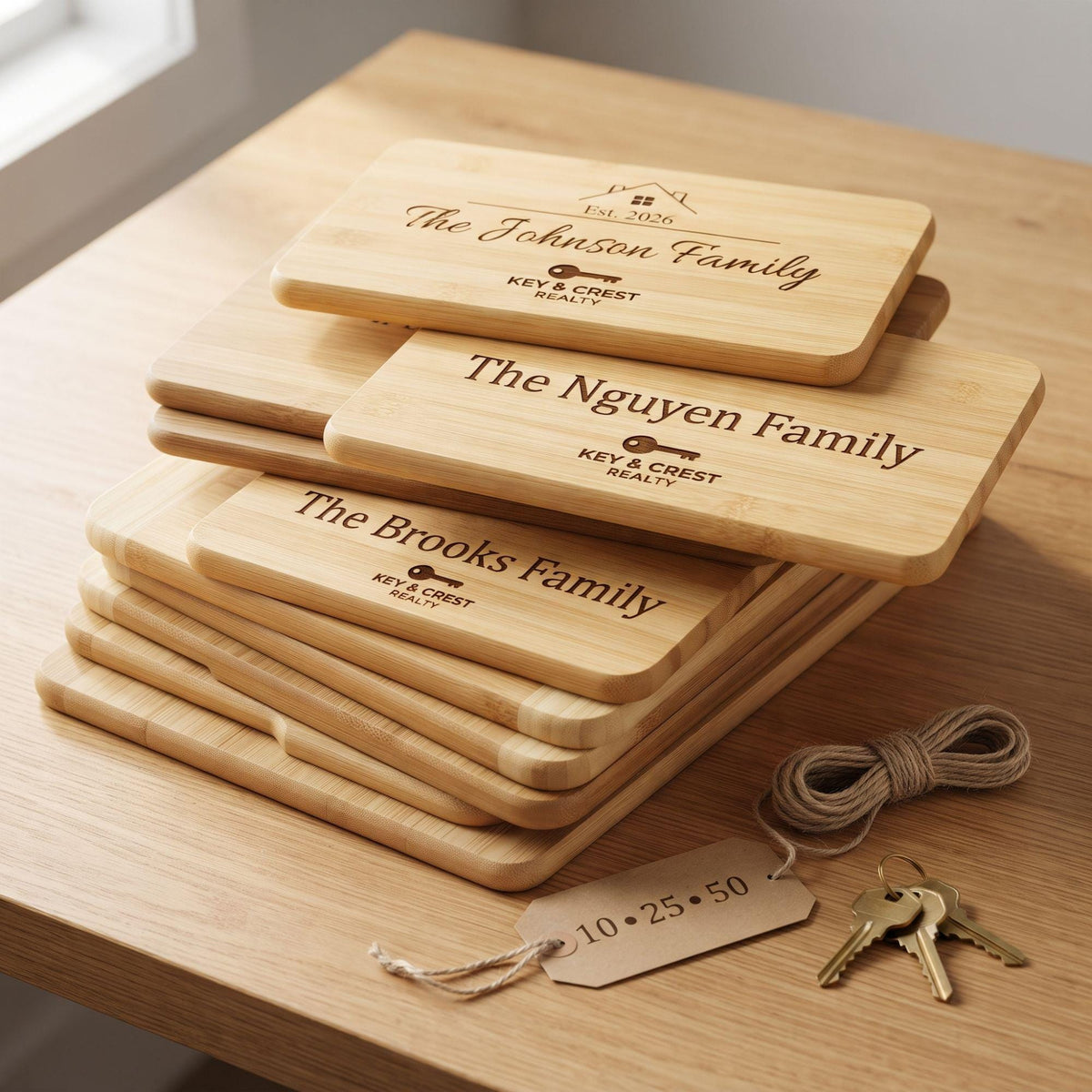 Bulk realtor client gifts: stack of engraved cutting boards with the same realtor logo and different family names