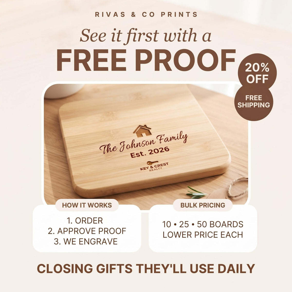 Engraved cutting board reading The Johnson Family Est. 2026 with house icon and Key & Crest Realty logo, free proof offer