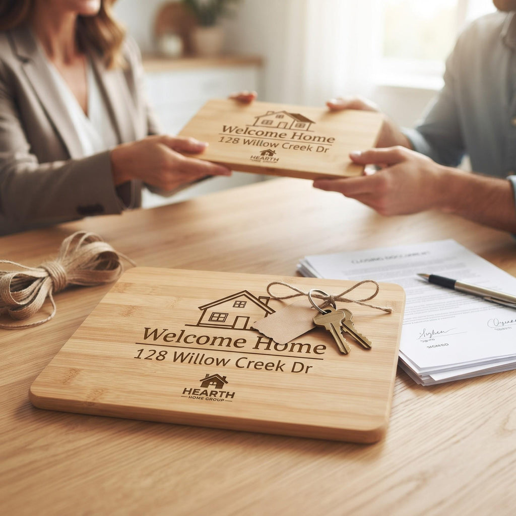 Realtor handing a personalized Welcome Home cutting board and keys to new homeowners at closing