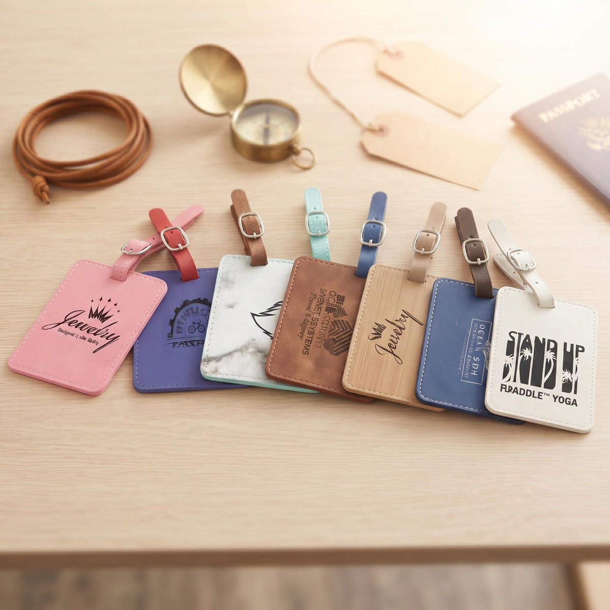 Custom logo luggage tags in many colors with buckle straps on a wooden table