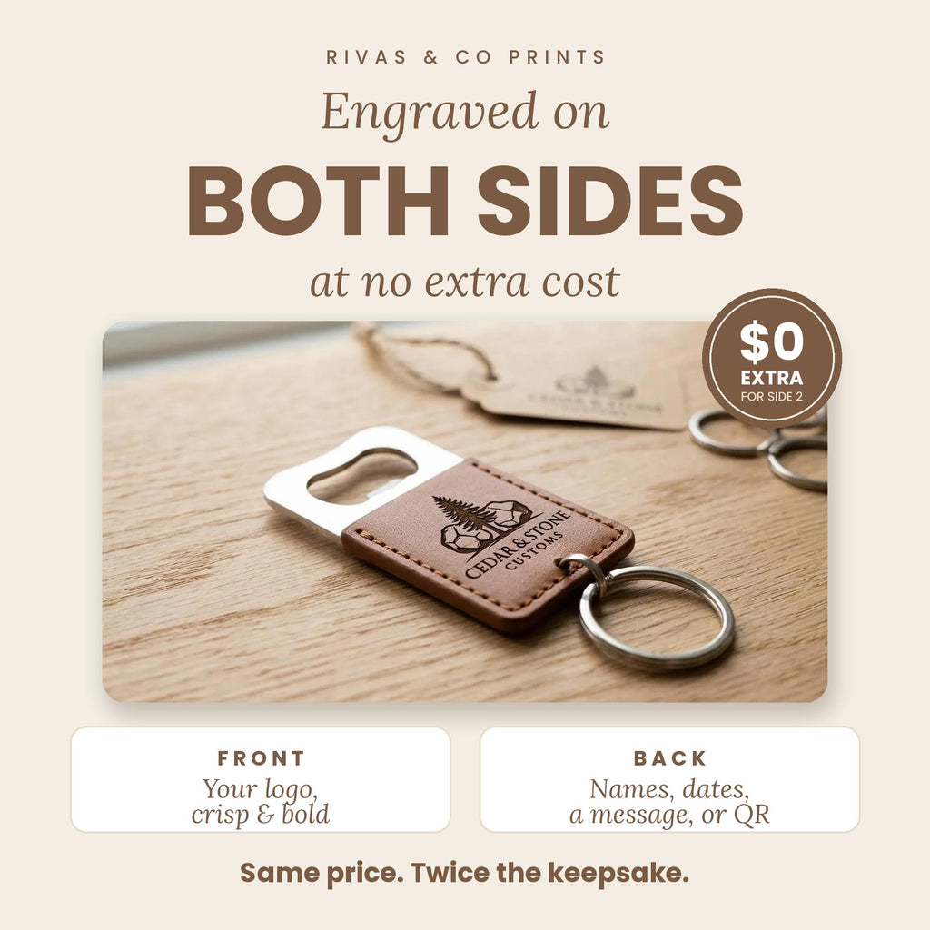 Leather bottle opener keychain engraved with Cedar & Stone Customs logo; promo: both sides engraved, $0 extra