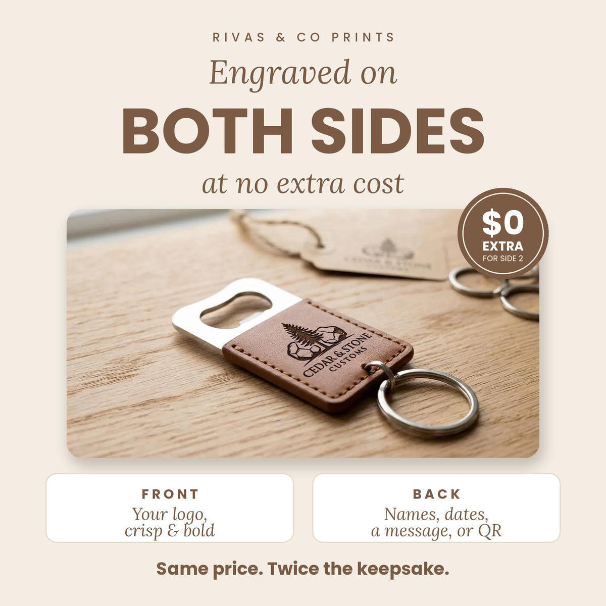Leather bottle opener keychain engraved with Cedar & Stone Customs logo; promo: both sides engraved, $0 extra