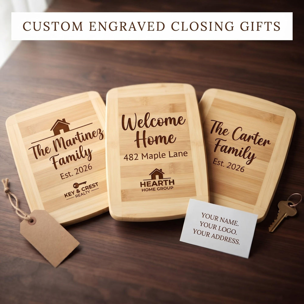 Custom engraved closing gift boards with family names, Welcome Home address and real estate logo
