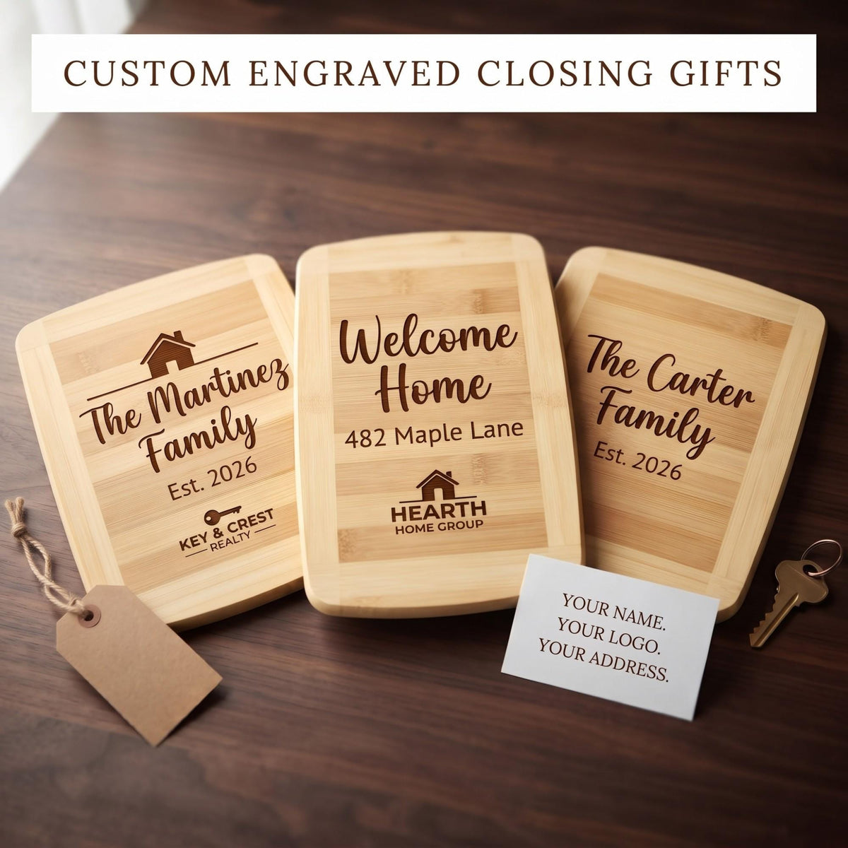 Custom engraved closing gift boards with family names, Welcome Home address and real estate logo