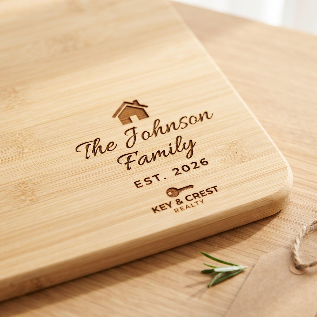 Close-up of laser engraved family name and real estate logo on a bamboo cutting board