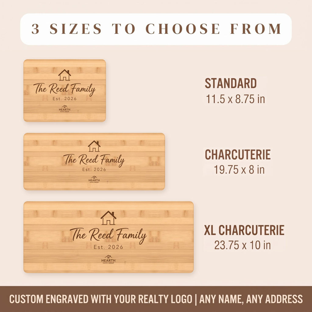 Size chart for realtor closing gift cutting boards in standard, charcuterie and XL sizes, engraved with sample logo