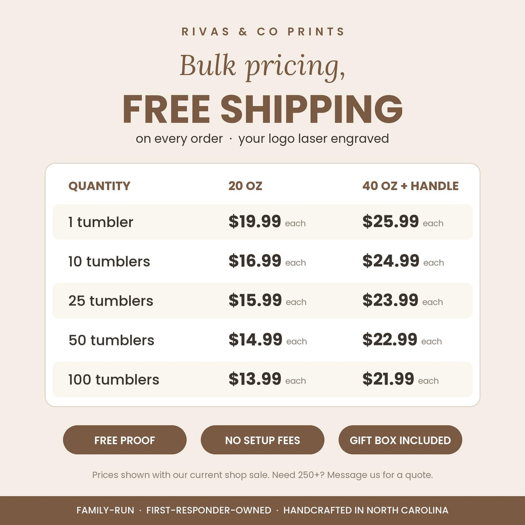 Bulk pricing chart for custom laser engraved tumblers, 20 oz from $13.99 and 40 oz with handle from $21.99, free shipping