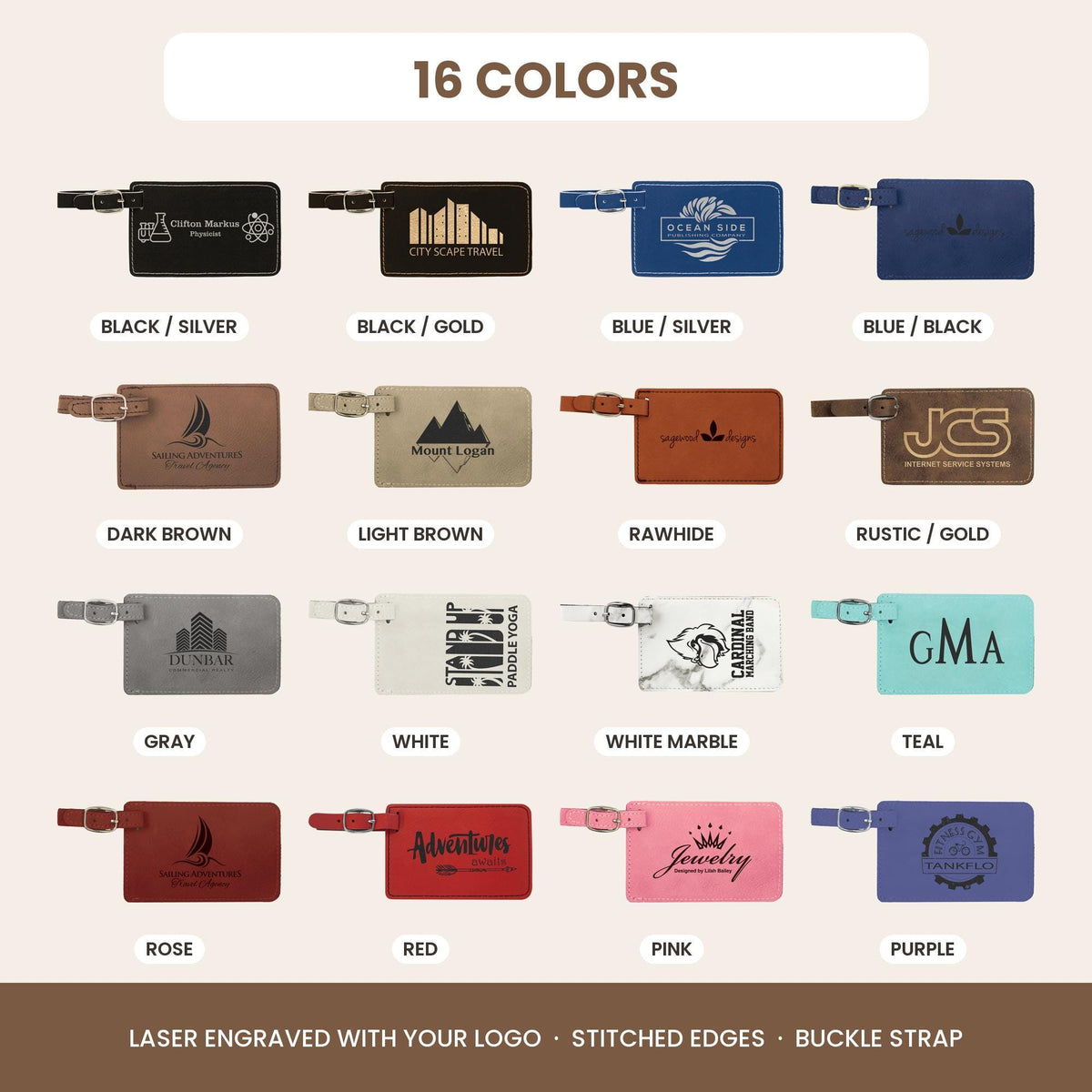 16 color options for custom logo leatherette luggage tags with stitched edges and buckle strap, laser engraved