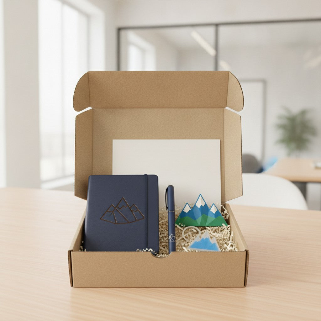 New Hire Welcome Kit with Your Logo: Journal, Pen, Keychain, Magnet