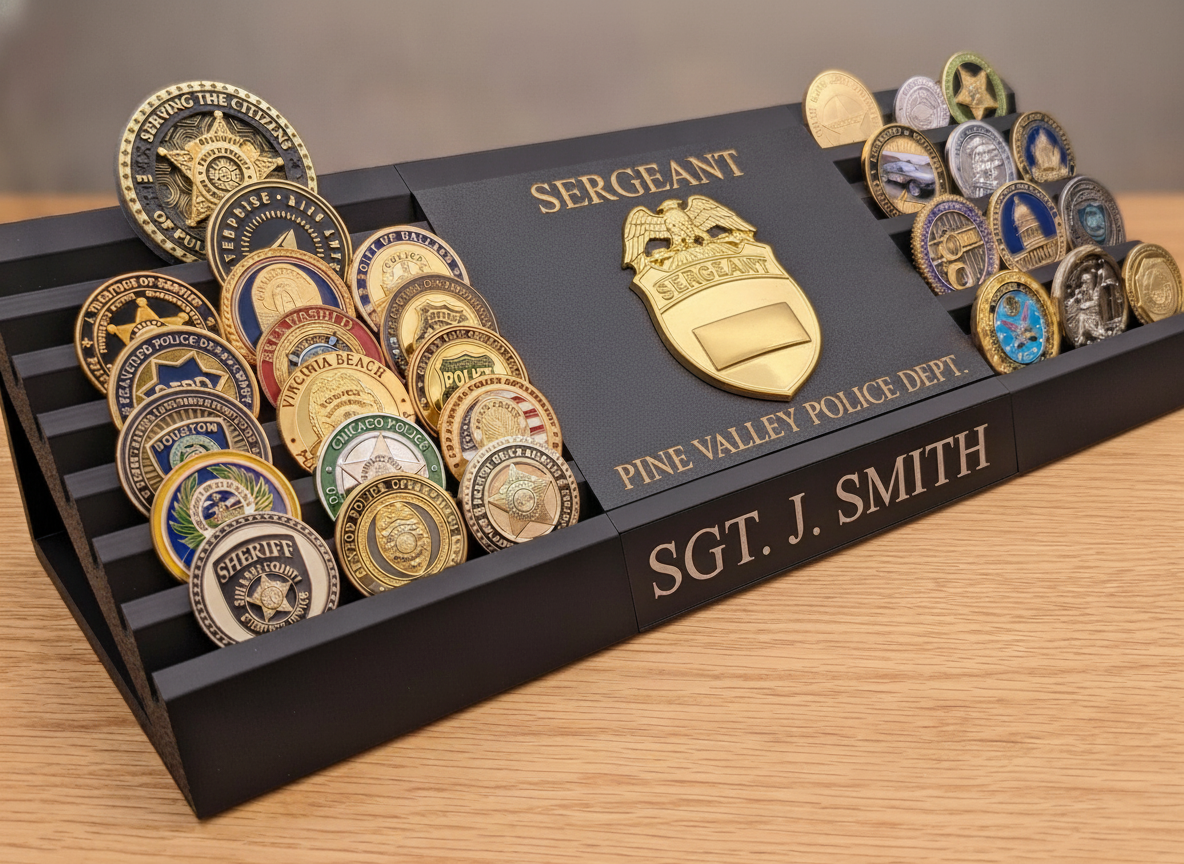 Black 3D printed police badge challenge coin display with gold sergeant badge, department name and engraved nameplate, filled with challenge coins