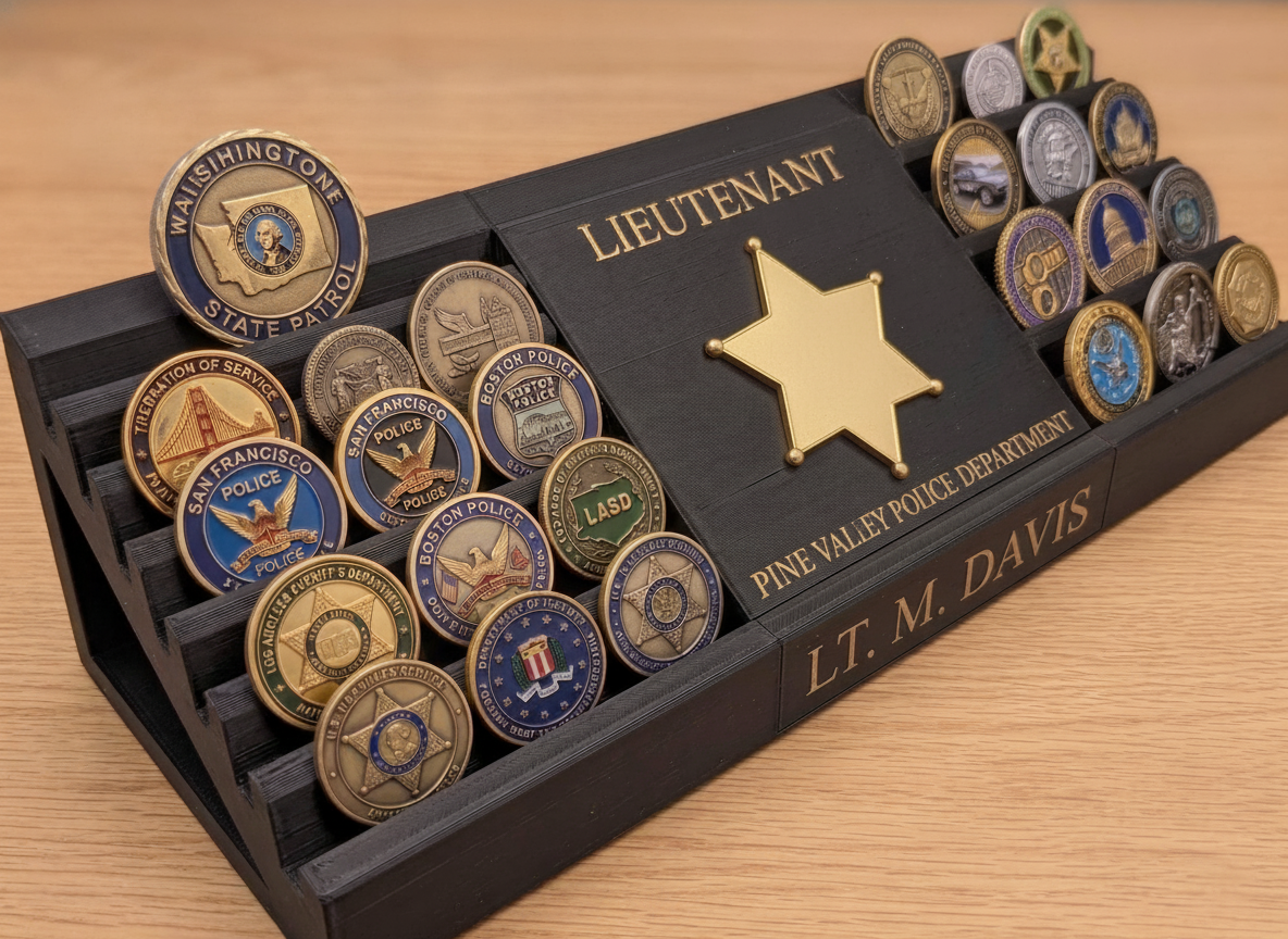 Lieutenant police badge challenge coin display with gold star badge, department name and engraved name, holding rows of challenge coins